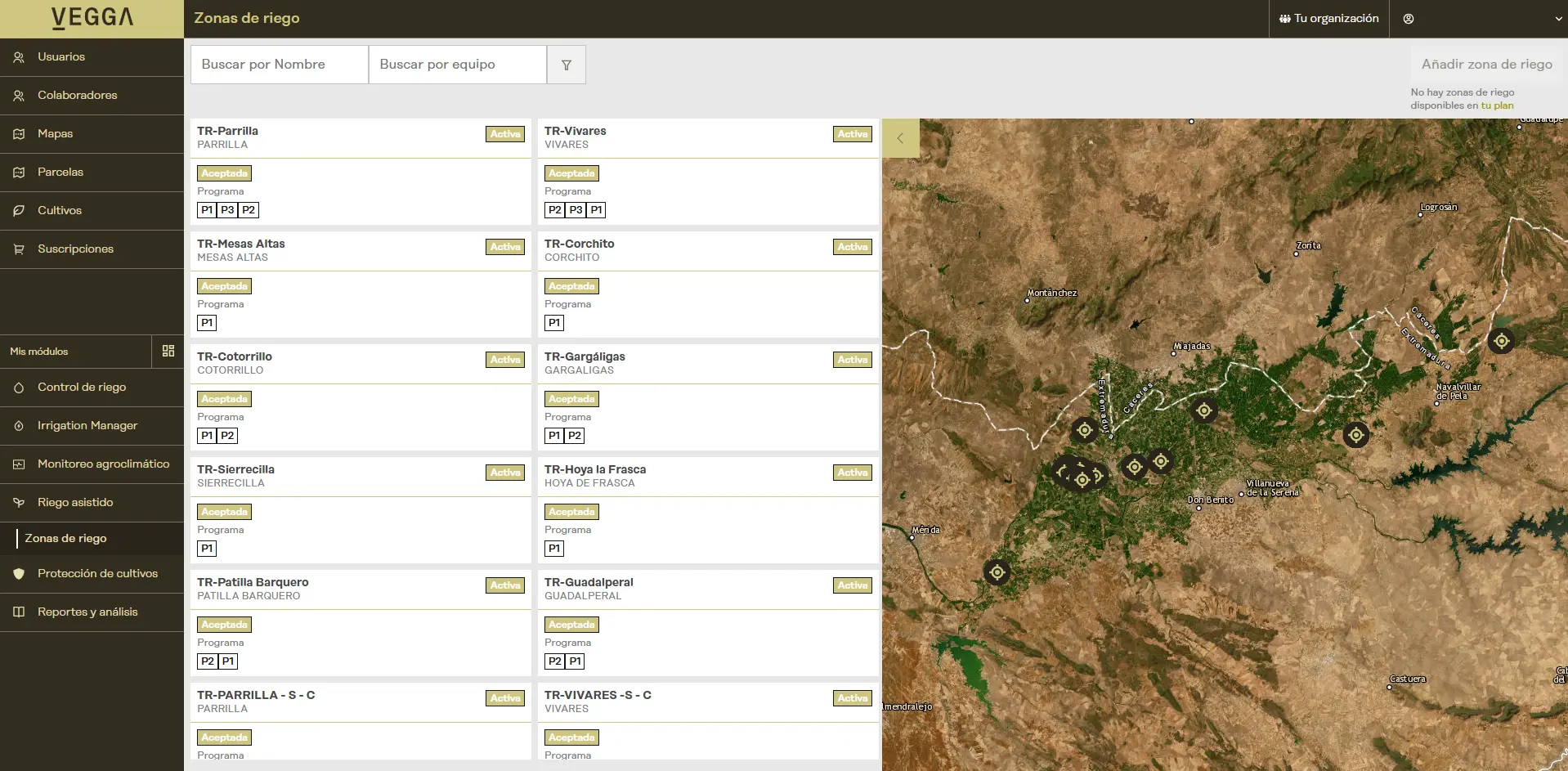Sistema de riego asistido con mapa de prescripción gestionado con soluciones digitales de Vegga para optimizar el uso del agua en agricultura de precisión.