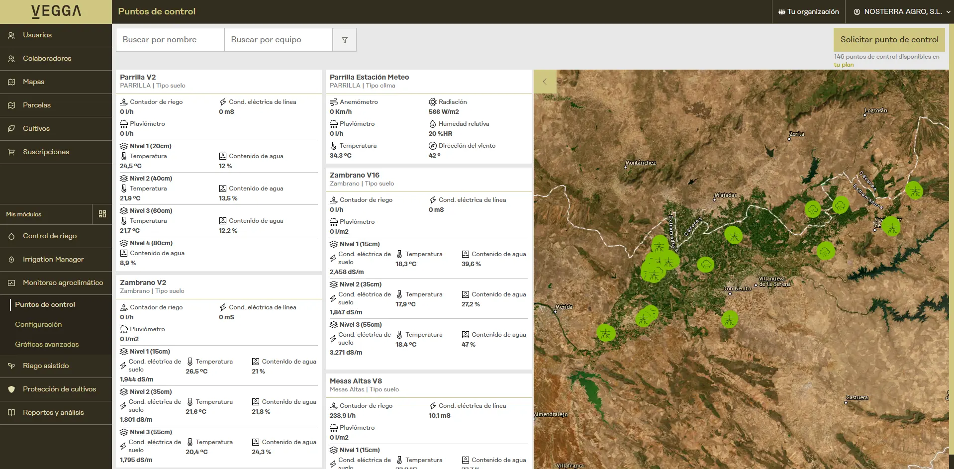 Puntos de control con sensores instalados en campo agrícola para el monitoreo del cultivo con soluciones digitales de Vegga y agricultura de precisión.