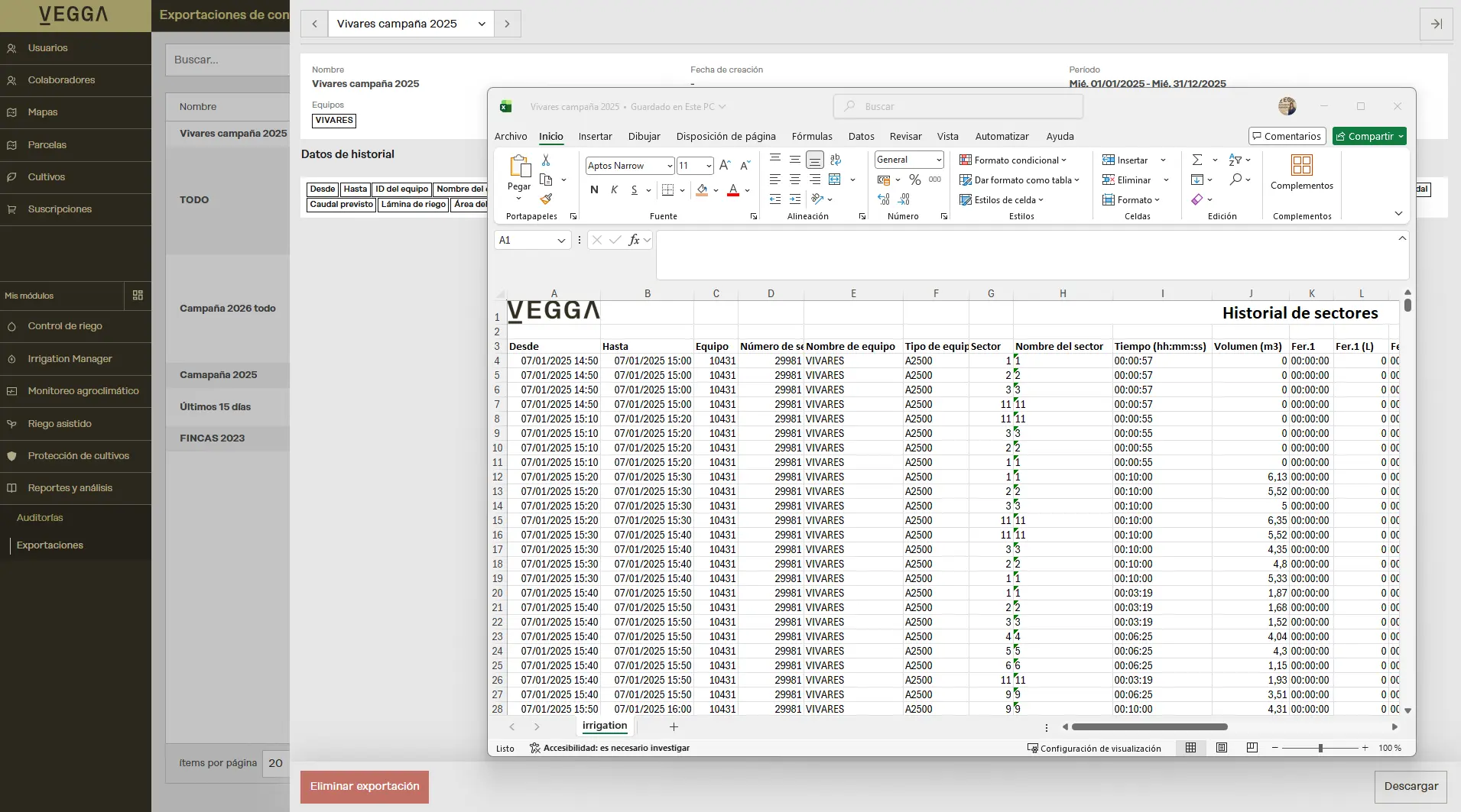 Exportaciones e historial de datos en la plataforma Vegga.