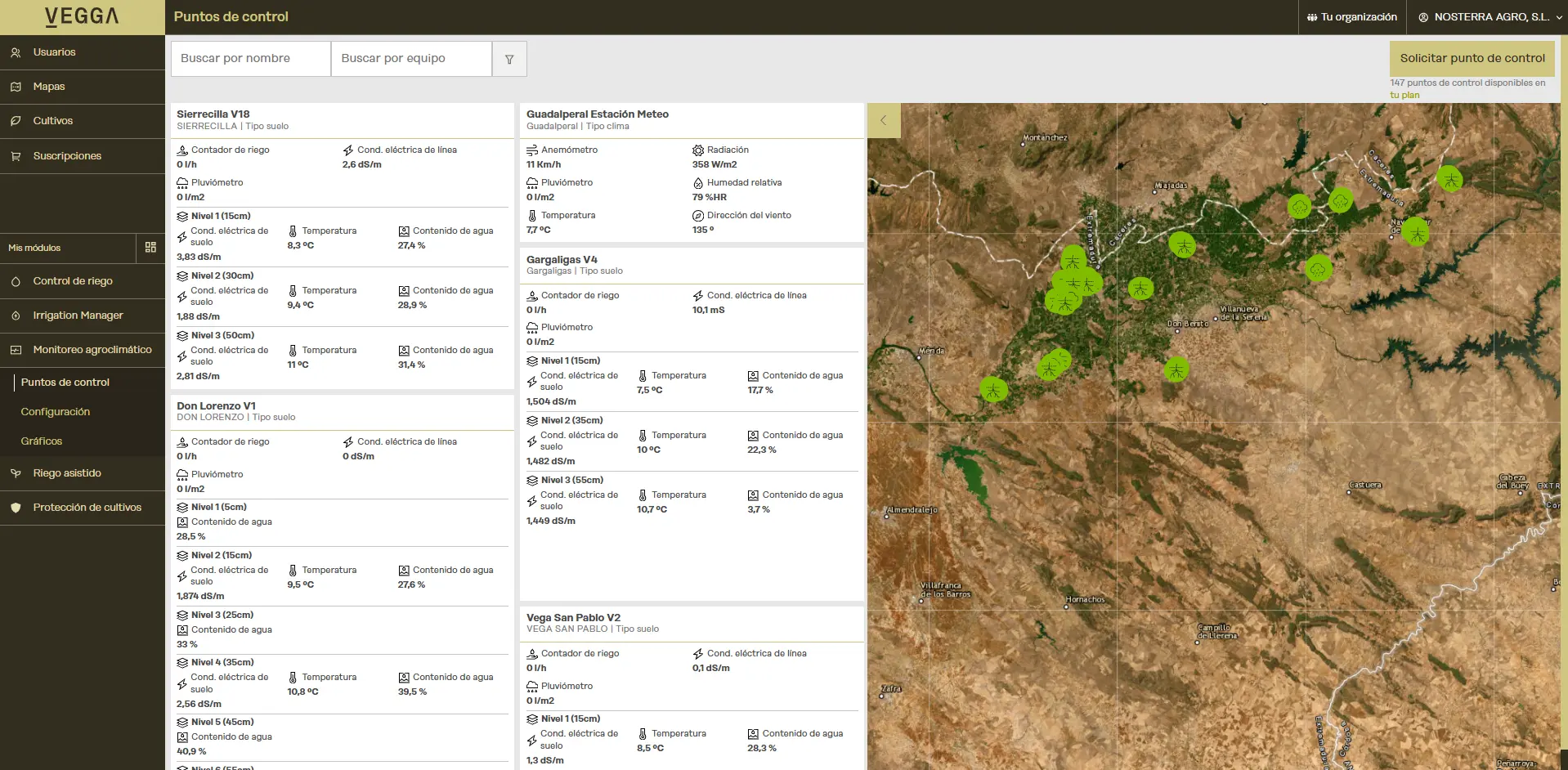 Monitoreo agroclimático con puntos de control en campo con Vegga.